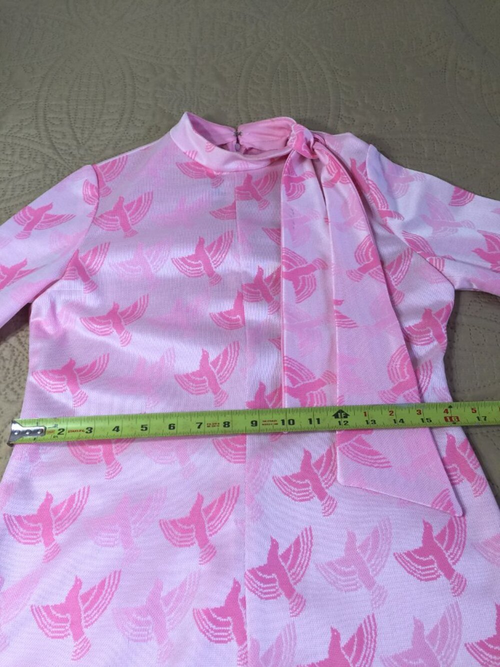 Rare Vtg 60s Leslie Fay Knits Pink Mod Shift Dress, Bird Novelty Print Bow, ILGW - Picture 9 of 12